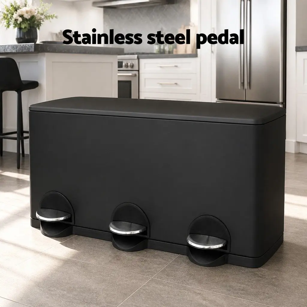 Triple Compartment Pedal Bin Carbon Steel 45L Black