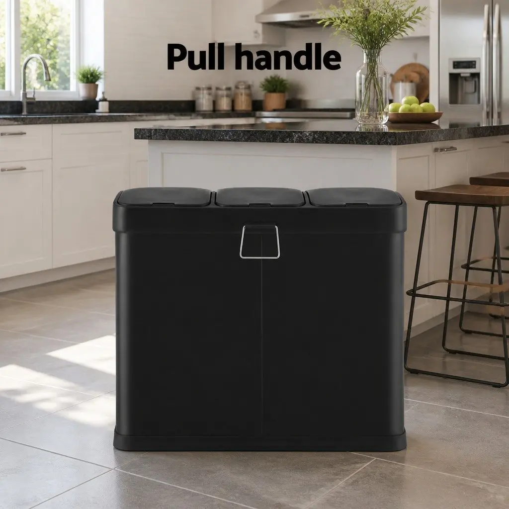 Triple Compartment Pedal Bin Carbon Steel 45L Black