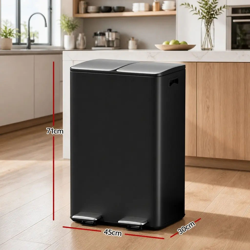 Pedal Bins Dual Compartment Carbon Steel 60L Black Kitchen