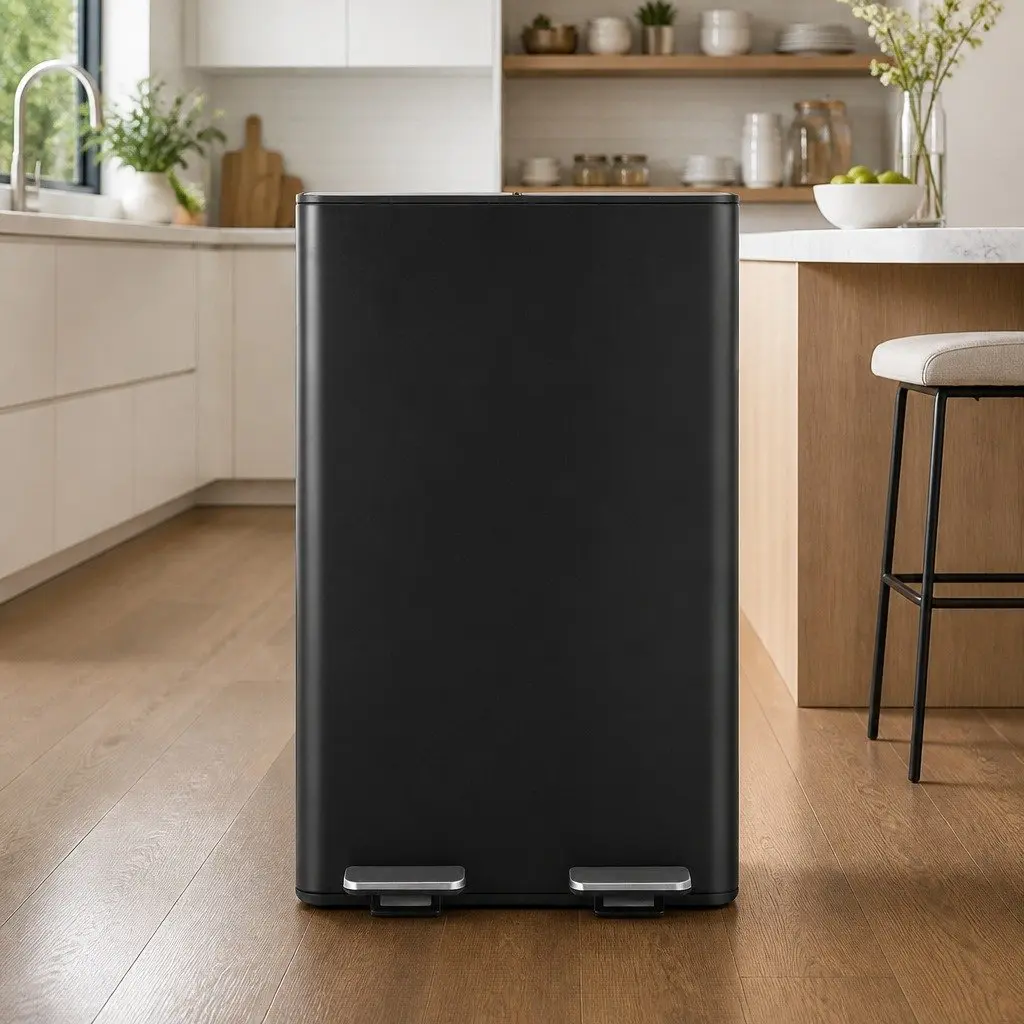 Pedal Bins Dual Compartment Carbon Steel 60L Black Kitchen