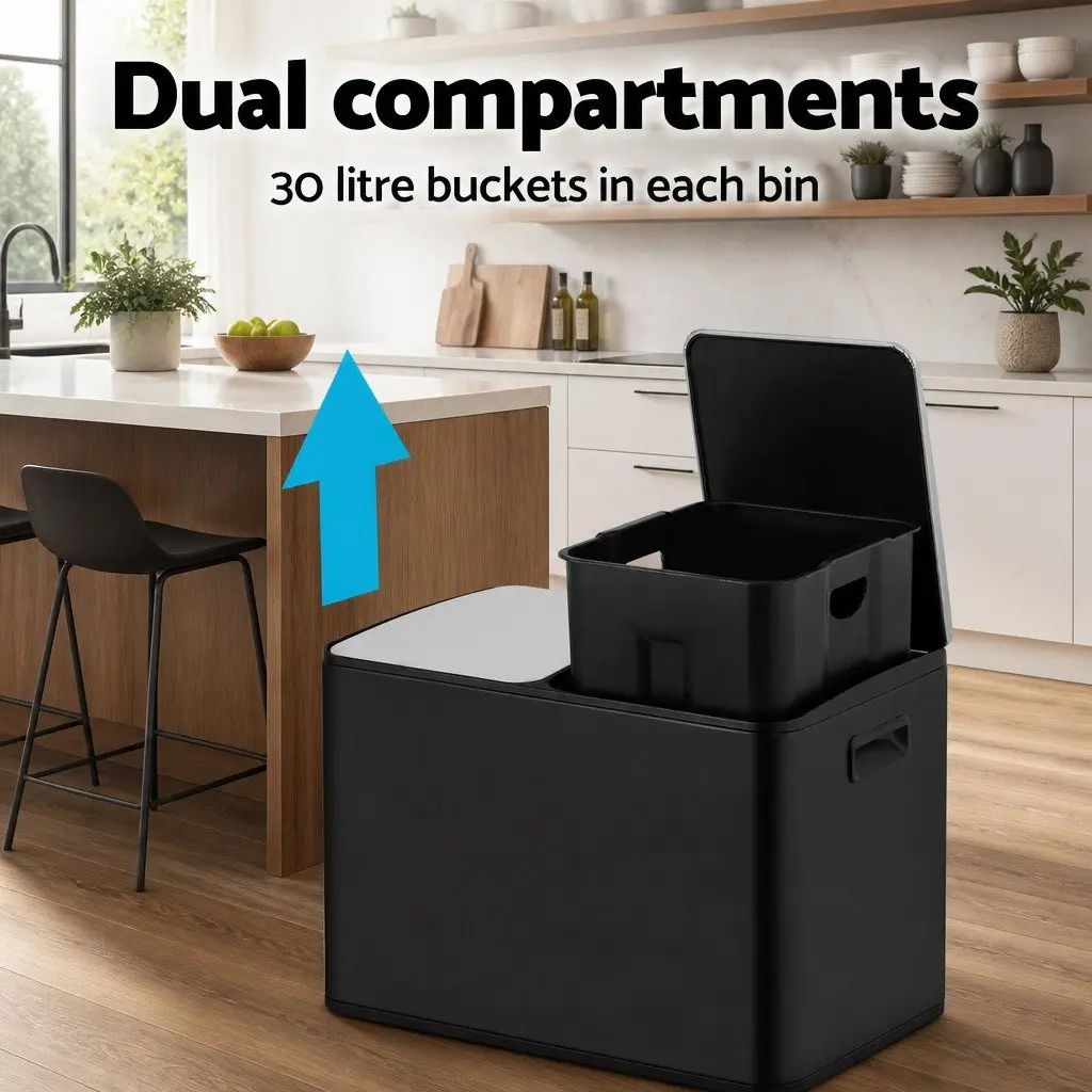 Pedal Bins Dual Compartment Carbon Steel 60L Black Kitchen
