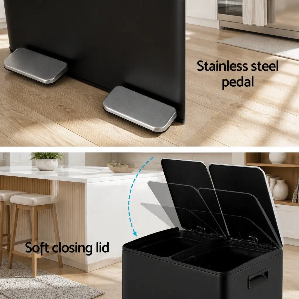 Pedal Bins Dual Compartment Carbon Steel 60L Black Kitchen
