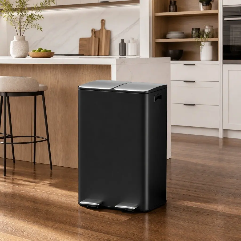 Pedal Bins Dual Compartment Carbon Steel 60L Black Kitchen