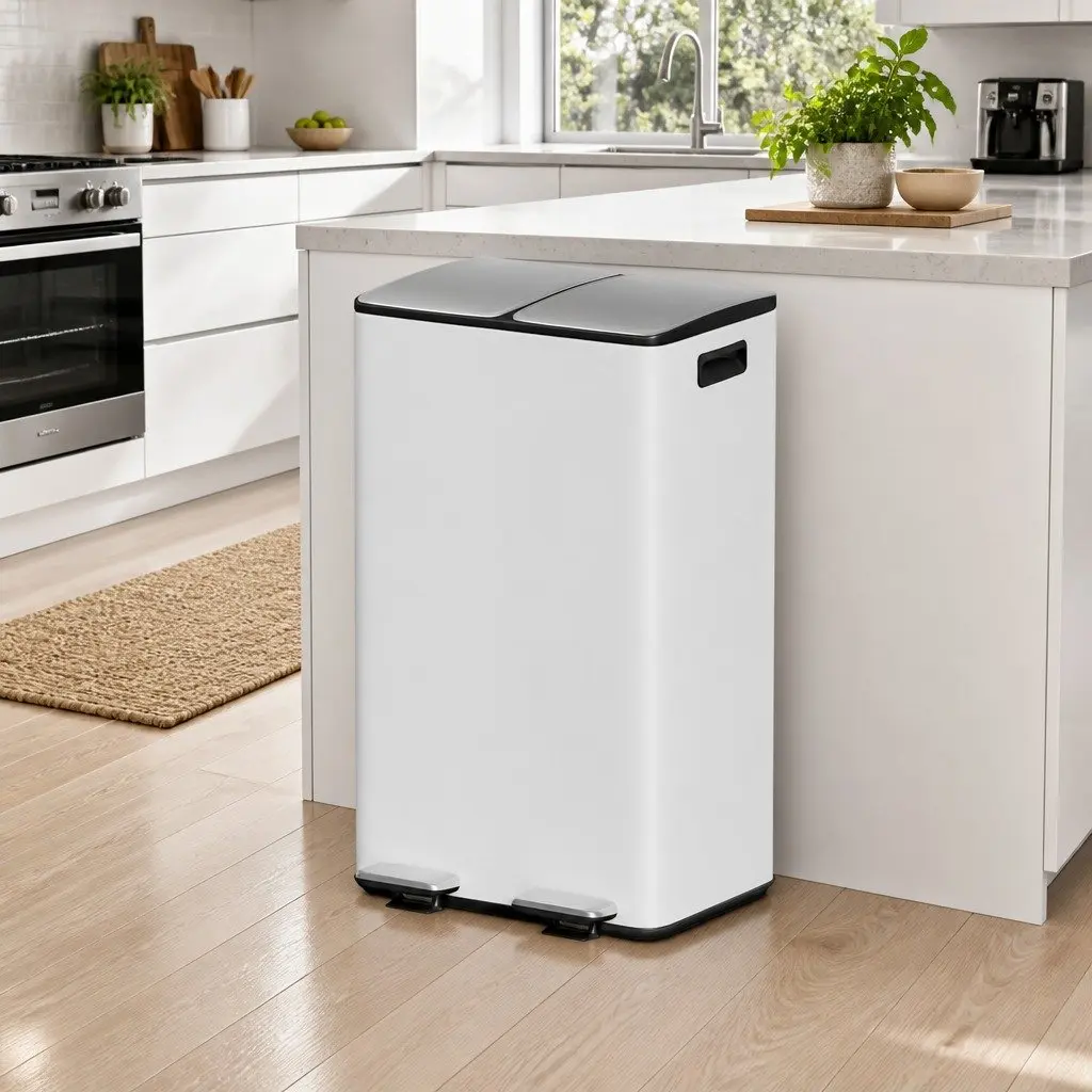 Pedal Bin Dual Compartment Carbon Steel 60L White Rectangular Kitchen Rubbish