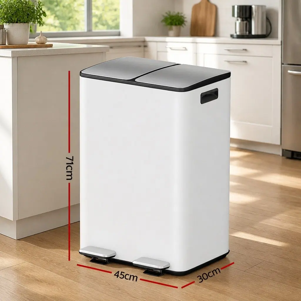 Pedal Bin Dual Compartment Carbon Steel 60L White Rectangular Kitchen Rubbish