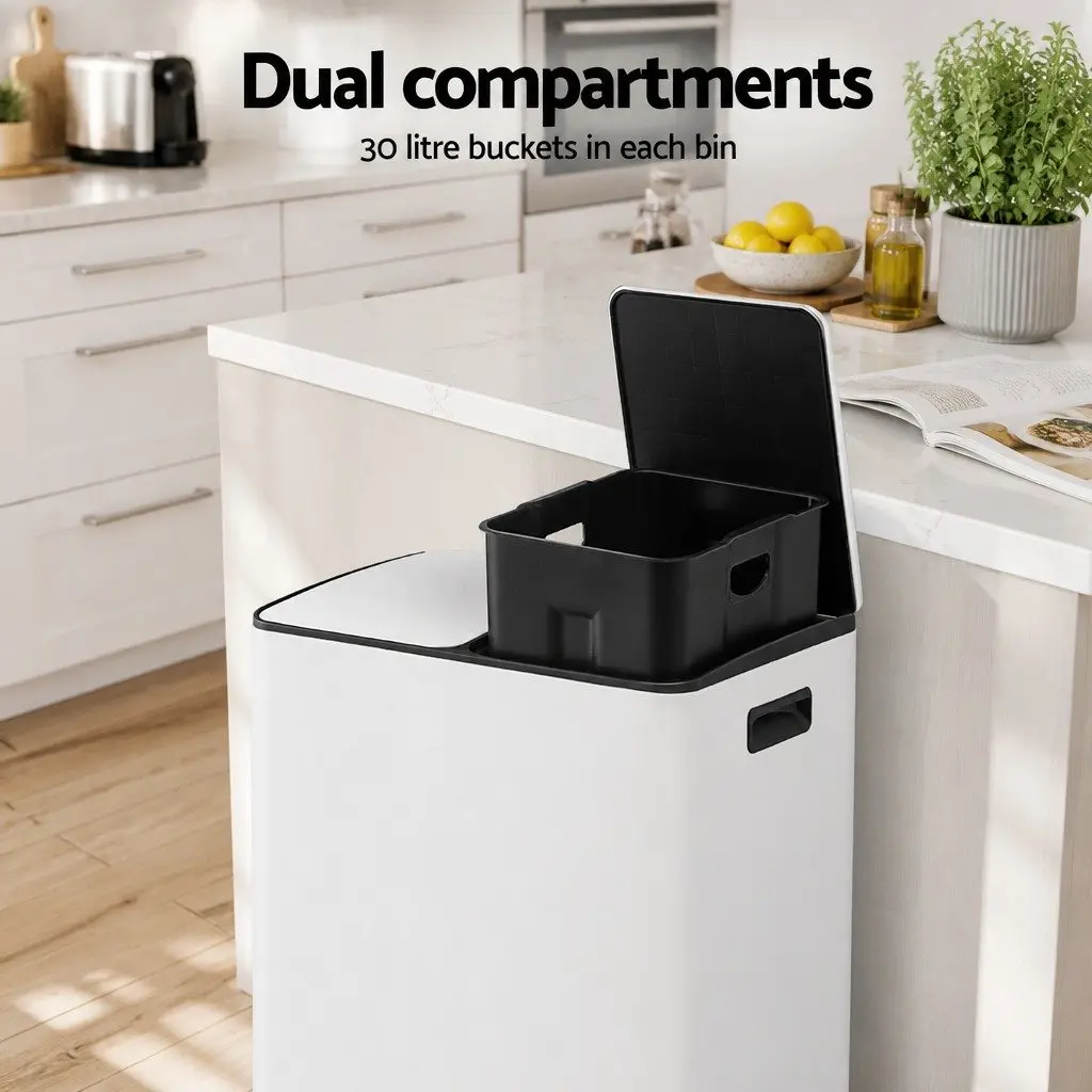 Pedal Bin Dual Compartment Carbon Steel 60L White Rectangular Kitchen Rubbish