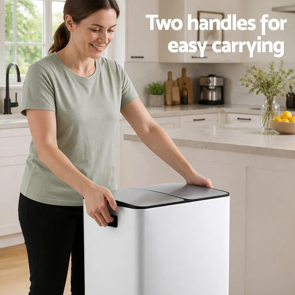 Pedal Bin Dual Compartment Carbon Steel 60L White Rectangular Kitchen Rubbish