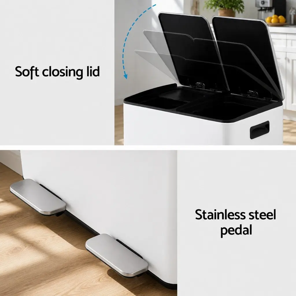 Pedal Bin Dual Compartment Carbon Steel 60L White Rectangular Kitchen Rubbish