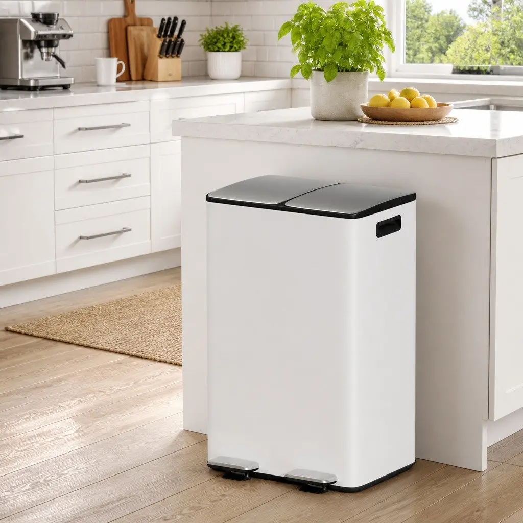 Pedal Bin Dual Compartment Carbon Steel 60L White Rectangular Kitchen Rubbish