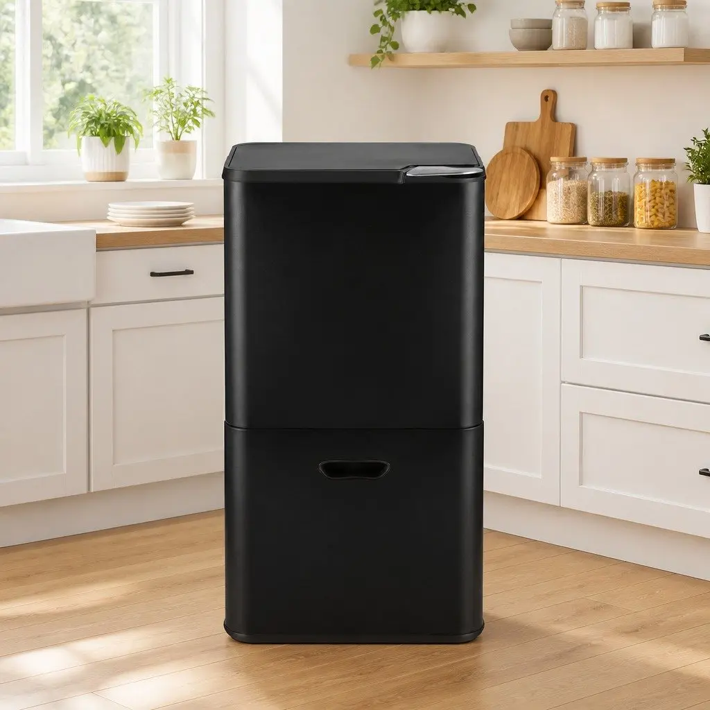 Pull Out Rubbish Bin Carbon Steel 63L 3 Compartment Black