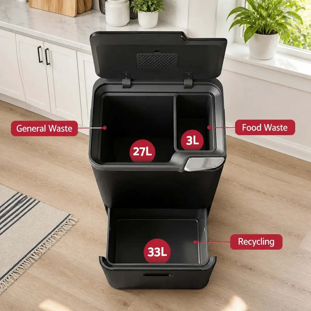 Pull Out Rubbish Bin Carbon Steel 63L 3 Compartment Black