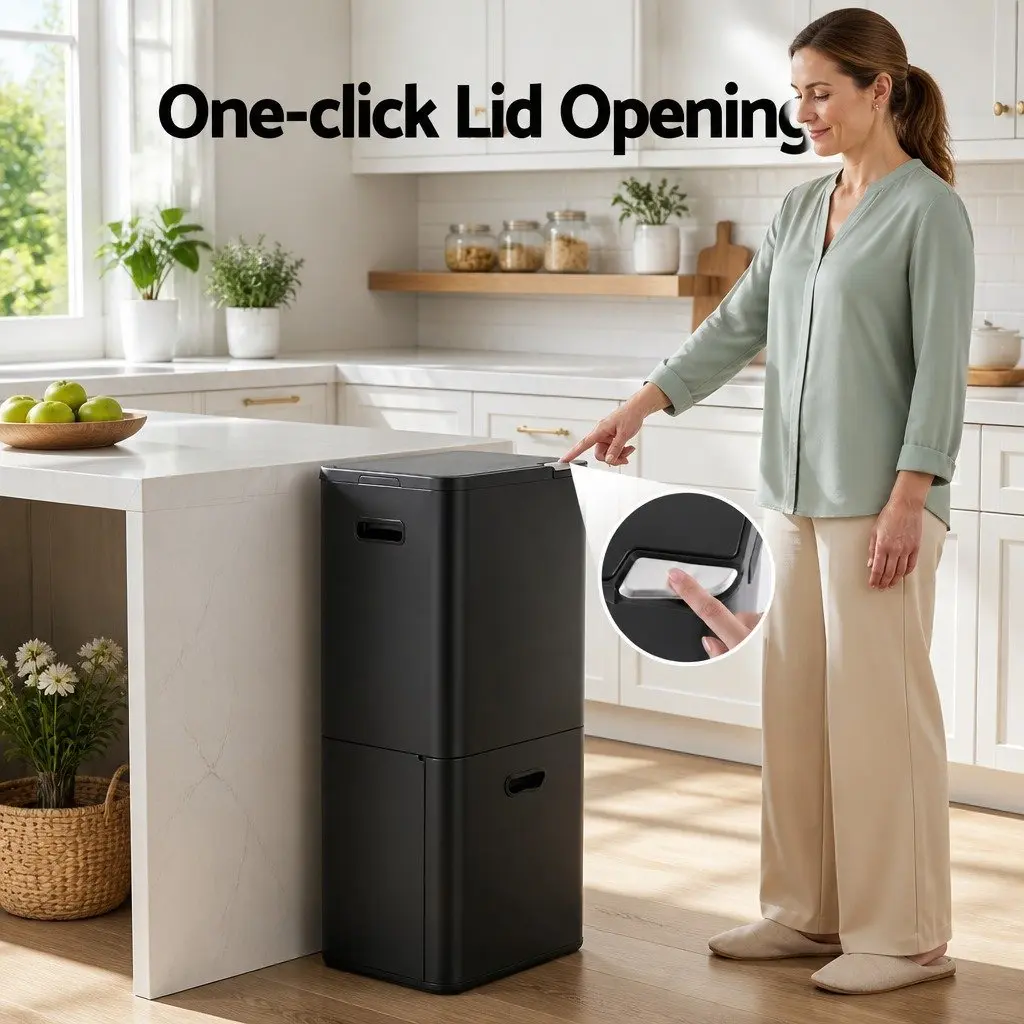 Pull Out Rubbish Bin Carbon Steel 63L 3 Compartment Black