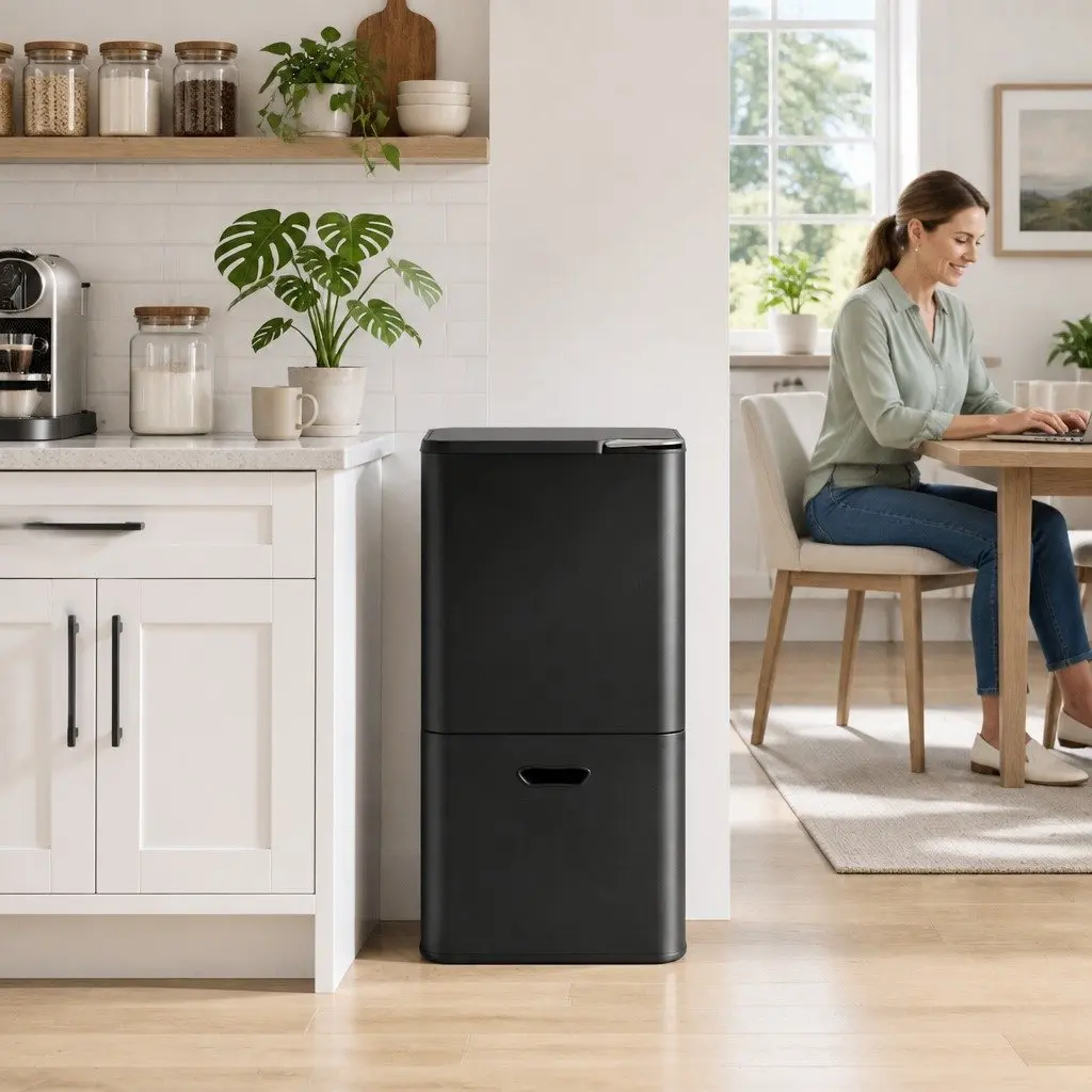 Pull Out Rubbish Bin Carbon Steel 63L 3 Compartment Black