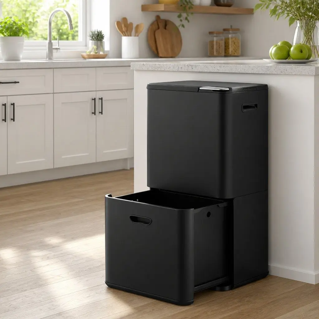 Pull Out Rubbish Bin Carbon Steel 63L 3 Compartment Black