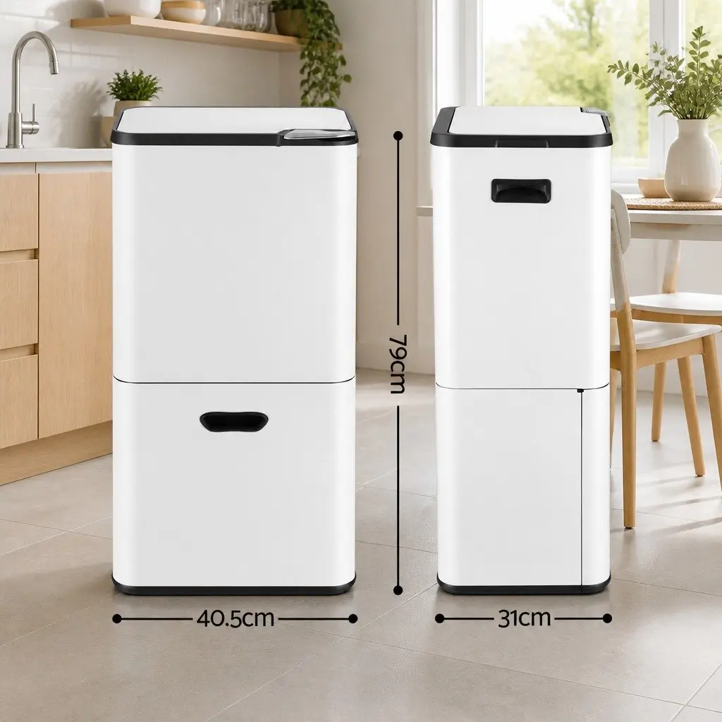 Pull Out Rubbish Bin Carbon Steel 63L White 3 Compartment Split Door Kitchen Organiser
