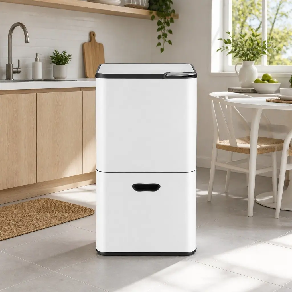 Pull Out Rubbish Bin Carbon Steel 63L White 3 Compartment Split Door Kitchen Organiser