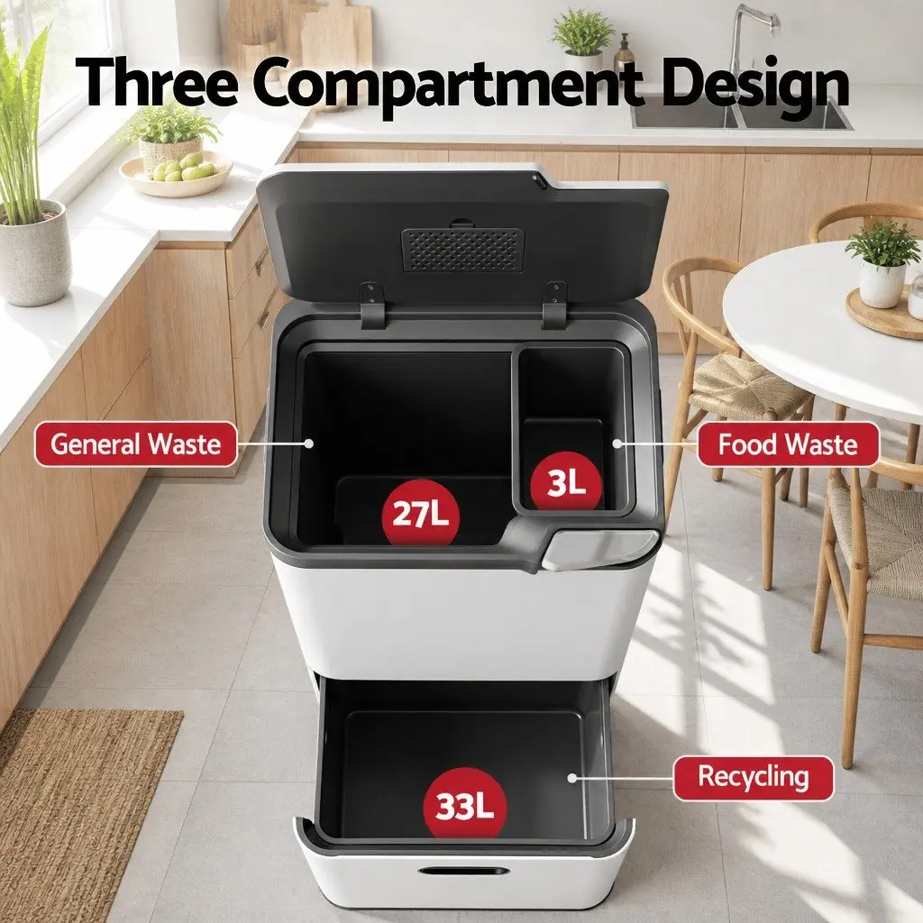 Pull Out Rubbish Bin Carbon Steel 63L White 3 Compartment Split Door Kitchen Organiser