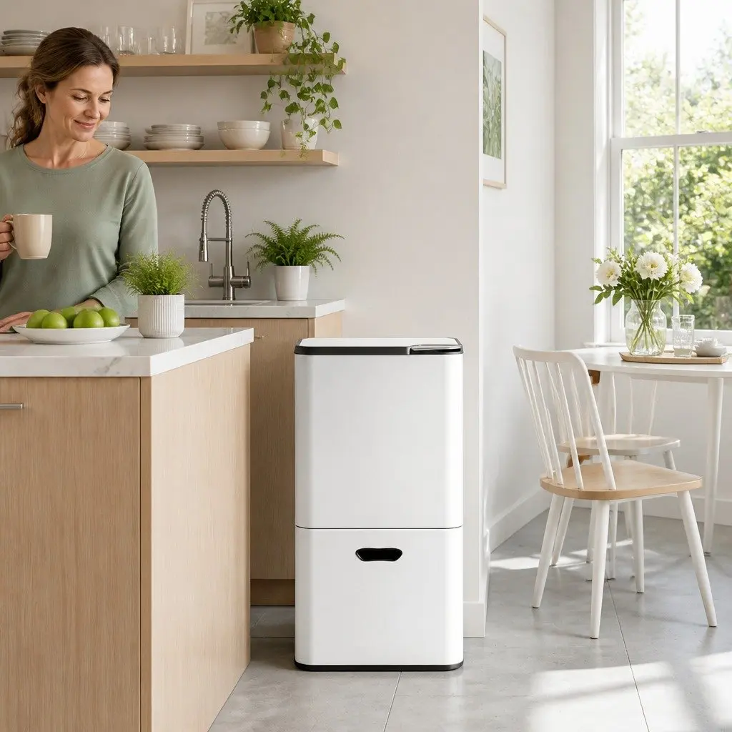 Pull Out Rubbish Bin Carbon Steel 63L White 3 Compartment Split Door Kitchen Organiser