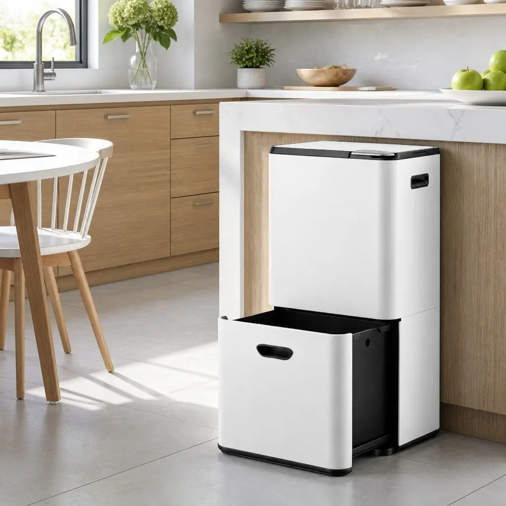 Pull Out Rubbish Bin Carbon Steel 63L White 3 Compartment Split Door Kitchen Organiser