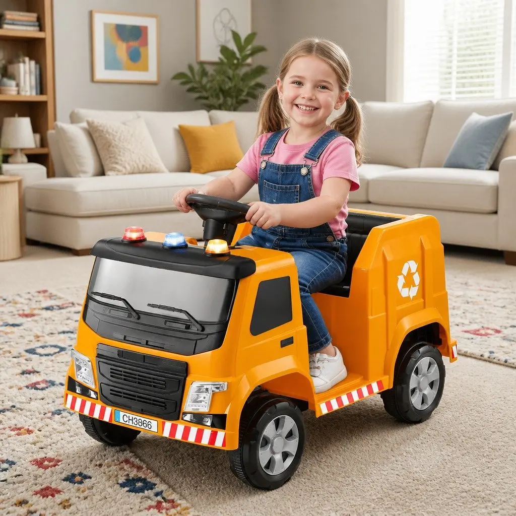 Ride On Car Electric Garbage Truck 12V Yellow with Remote Control for Kids
