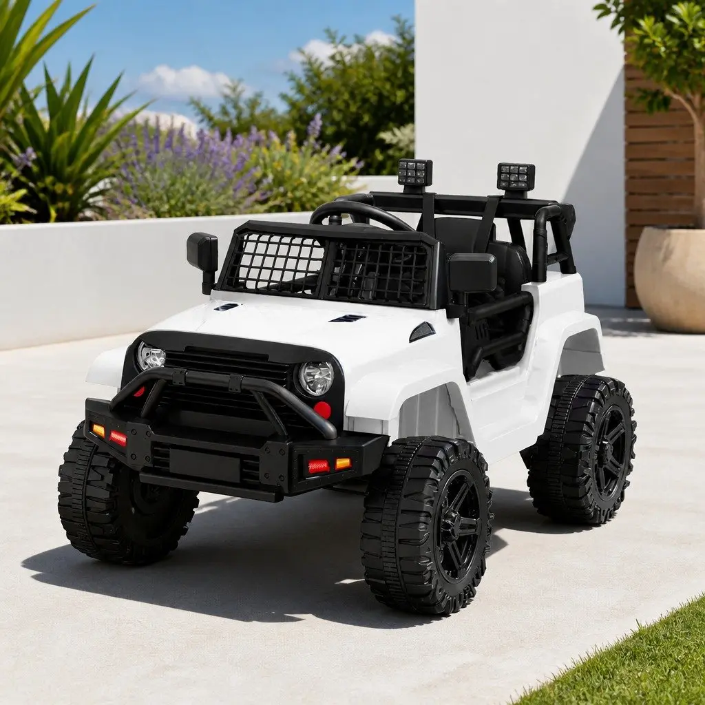 Kids Ride On Jeep Electric Car 12V Powered with Remote Control White and Safety Seat Belt for Outdoor Fun
