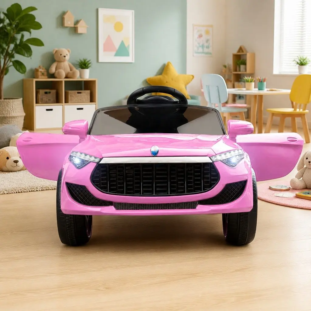 Kids Electric Ride On Car 12V Lacquer Pink with Remote Control Adjustable Seat Belt Headlight Music