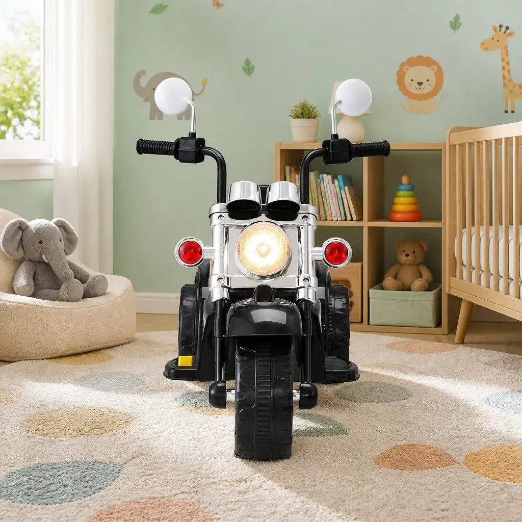 Electric Toy Motorcycle for Kids 6V Powered Black Ride On Motorbike with Realistic Controls and Music Functions