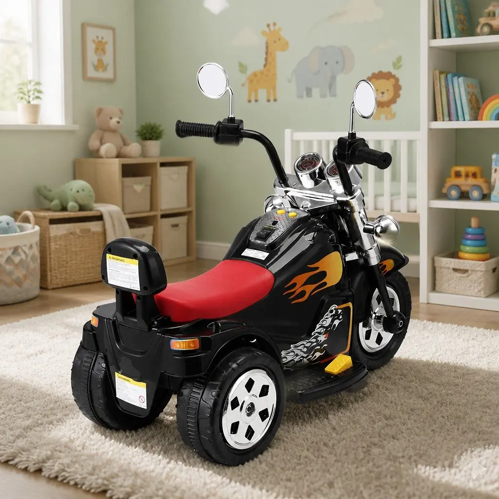 Electric Toy Motorcycle for Kids 6V Powered Black Ride On Motorbike with Realistic Controls and Music Functions