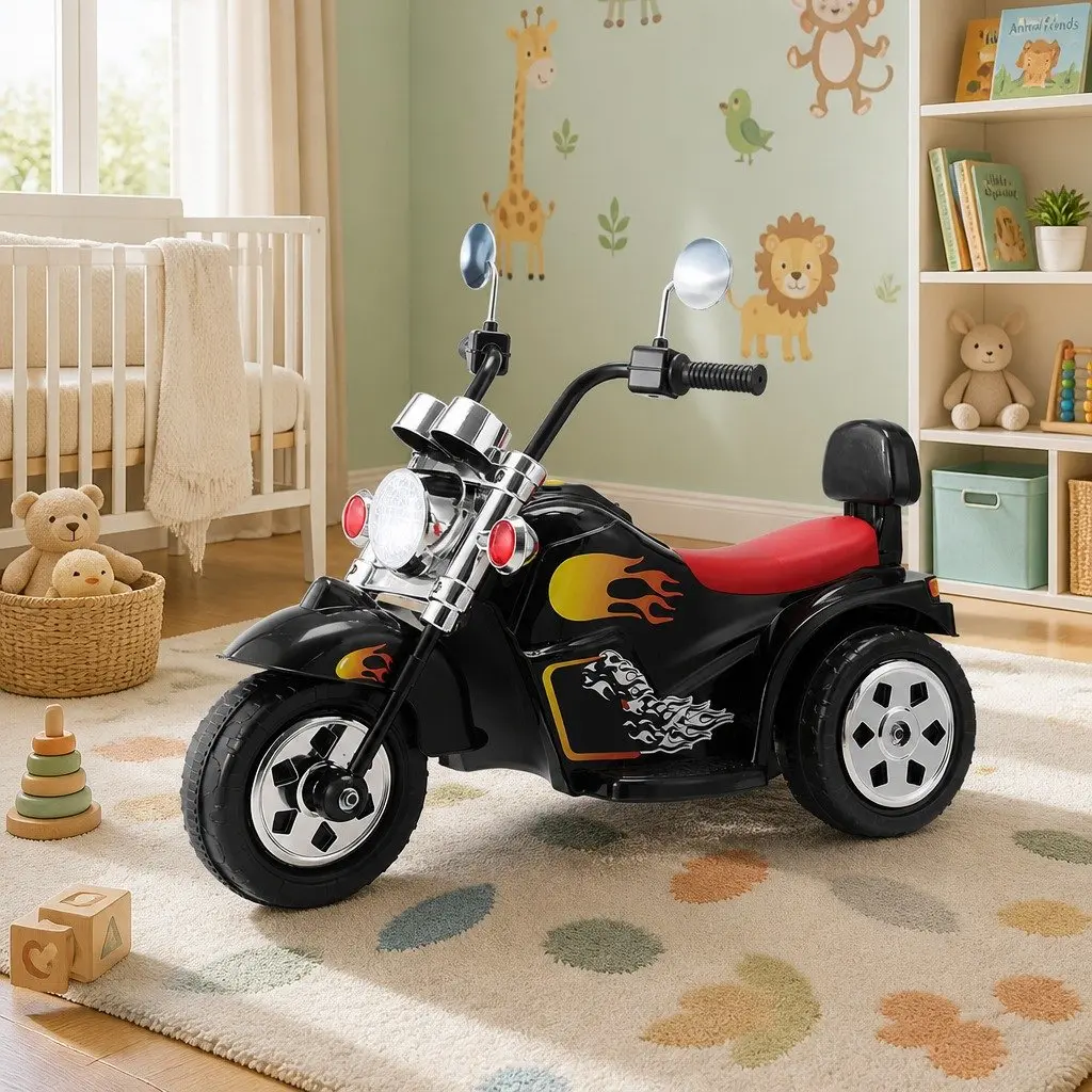 Electric Toy Motorcycle for Kids 6V Powered Black Ride On Motorbike with Realistic Controls and Music Functions