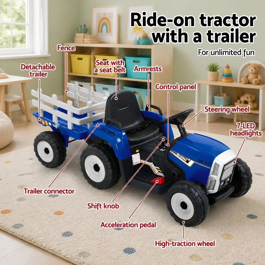 Kids Ride On Tractor 12V Electric Battery Powered Outdoor Play Blue