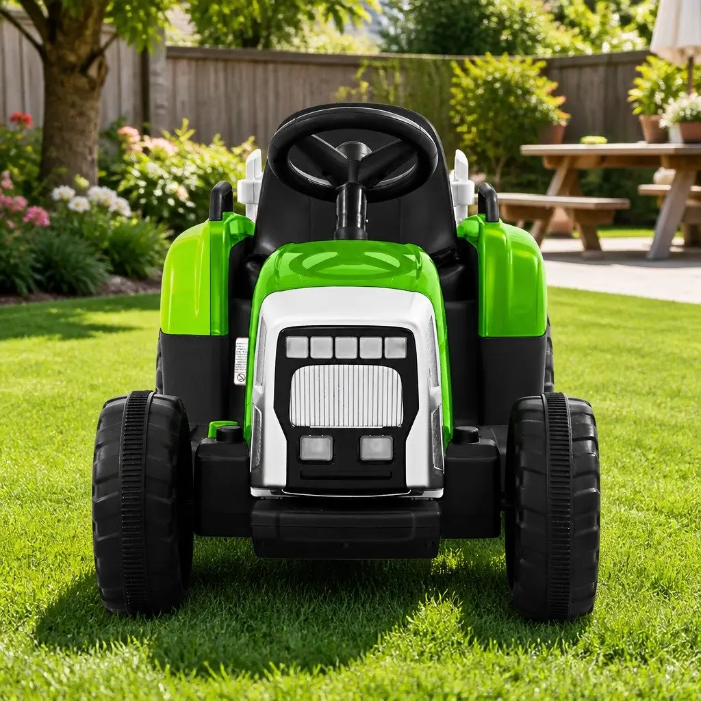 Ride On Tractor 12V Electric Toy Green with Detachable Trailer and Headlights for Kids Ages 3 to 6