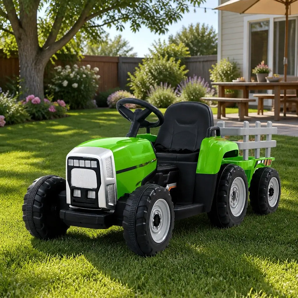 Ride On Tractor 12V Electric Toy Green with Detachable Trailer and Headlights for Kids Ages 3 to 6