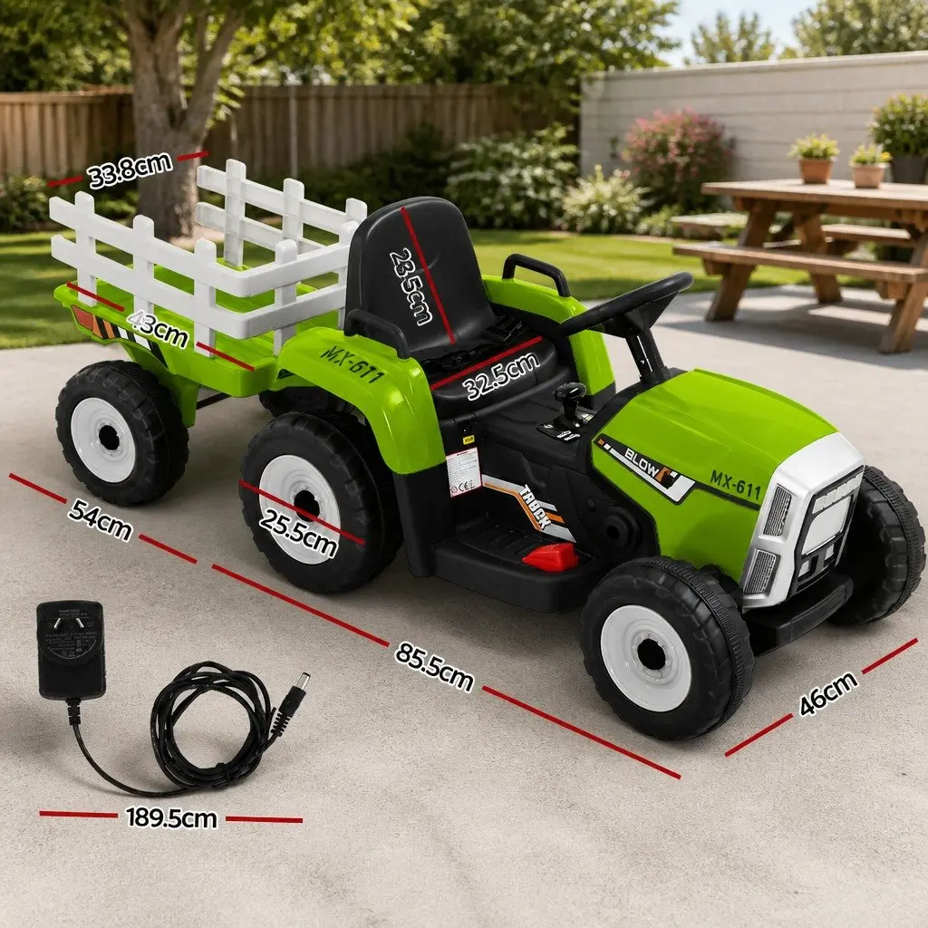 Ride On Tractor 12V Electric Toy Green with Detachable Trailer and Headlights for Kids Ages 3 to 6