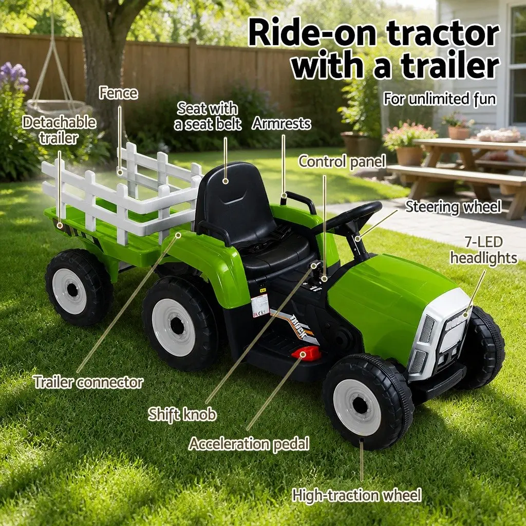 Ride On Tractor 12V Electric Toy Green with Detachable Trailer and Headlights for Kids Ages 3 to 6