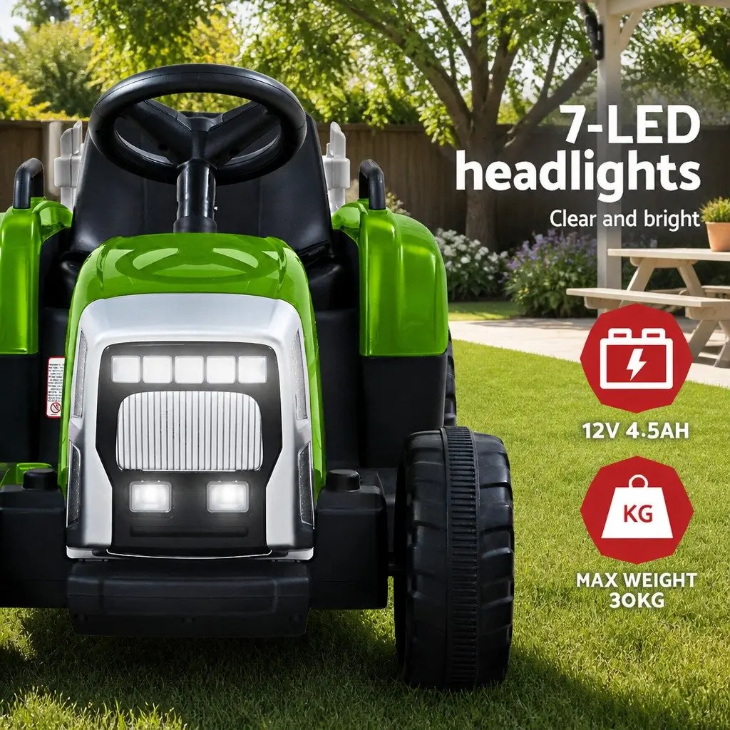 Ride On Tractor 12V Electric Toy Green with Detachable Trailer and Headlights for Kids Ages 3 to 6