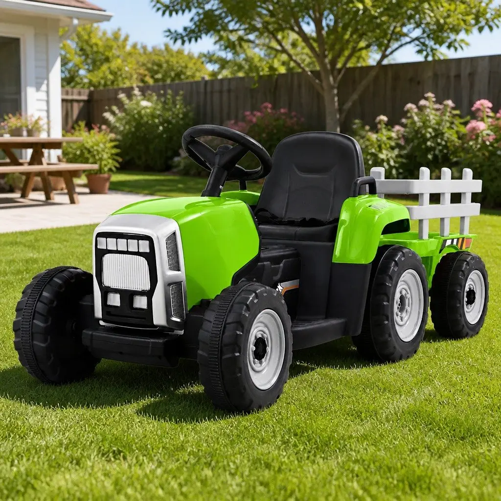 Ride On Tractor 12V Electric Toy Green with Detachable Trailer and Headlights for Kids Ages 3 to 6