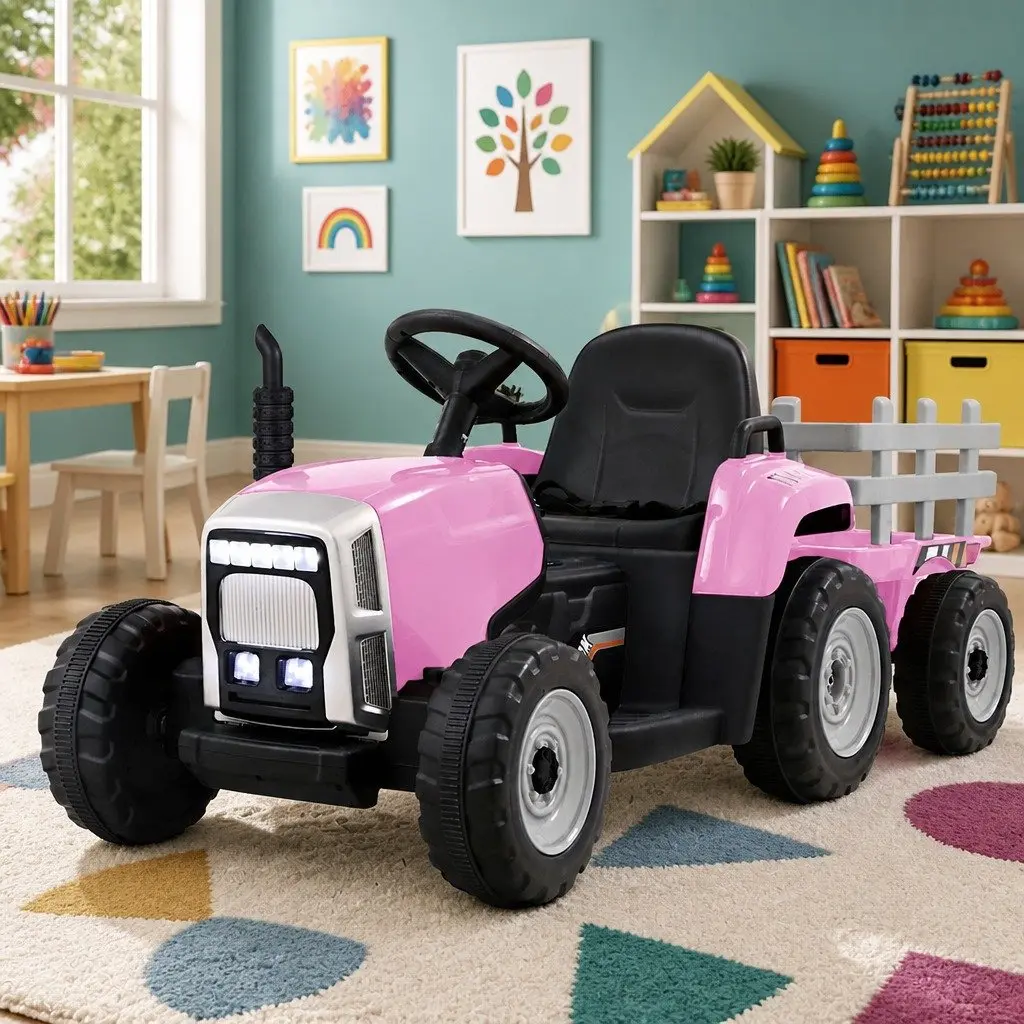 Kids Ride On Tractor Toy 12V Battery Powered Pink with Detachable Trailer for Children 3 to 6 Years