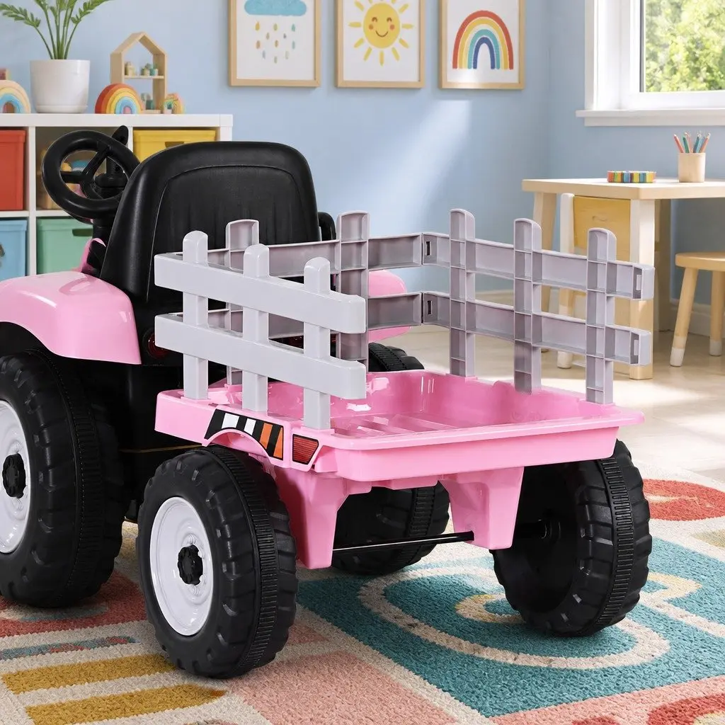 Kids Ride On Tractor Toy 12V Battery Powered Pink with Detachable Trailer for Children 3 to 6 Years