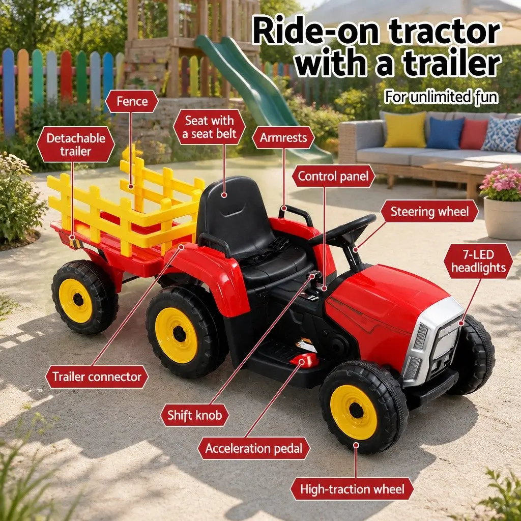 Kids Ride On Tractor 12V Battery Powered Red Detachable Trailer