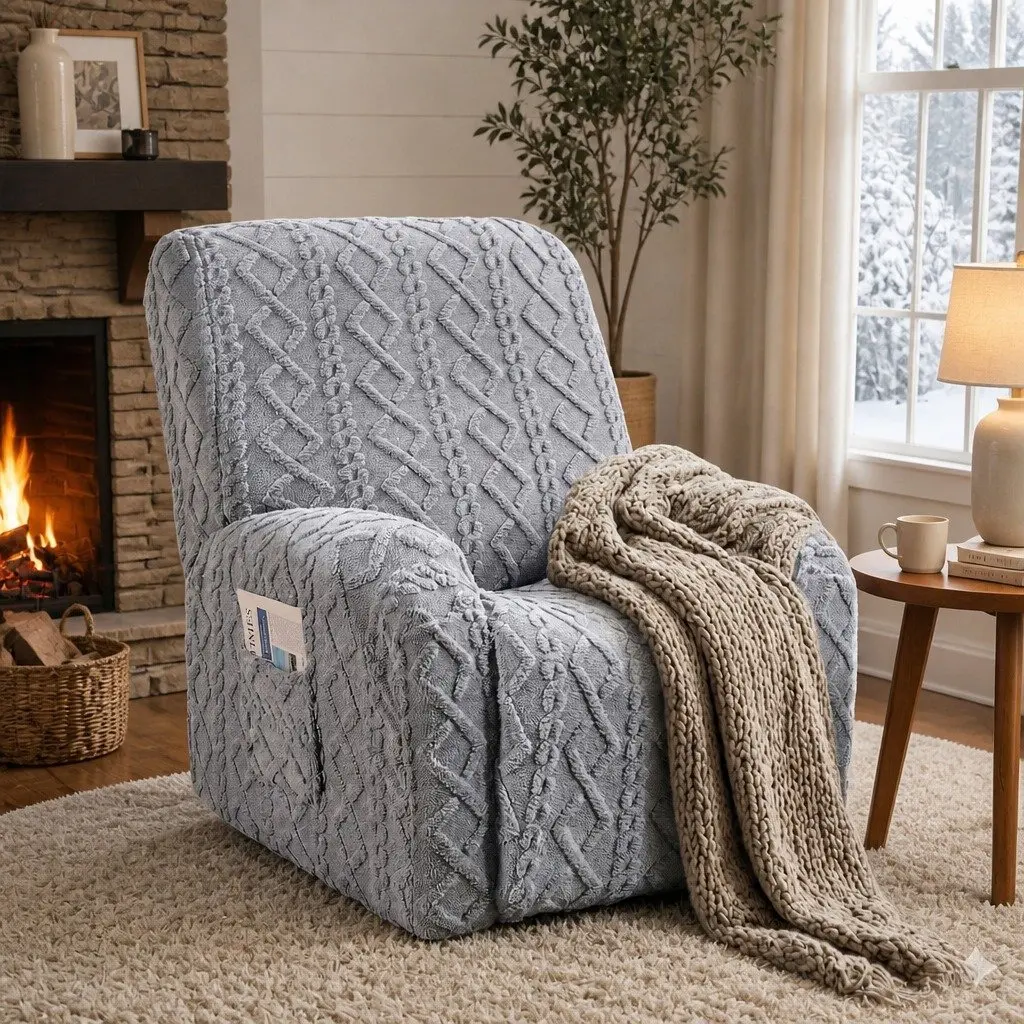 Recliner Chair Cover Stretch Fabric Grey with Storage Side Pockets