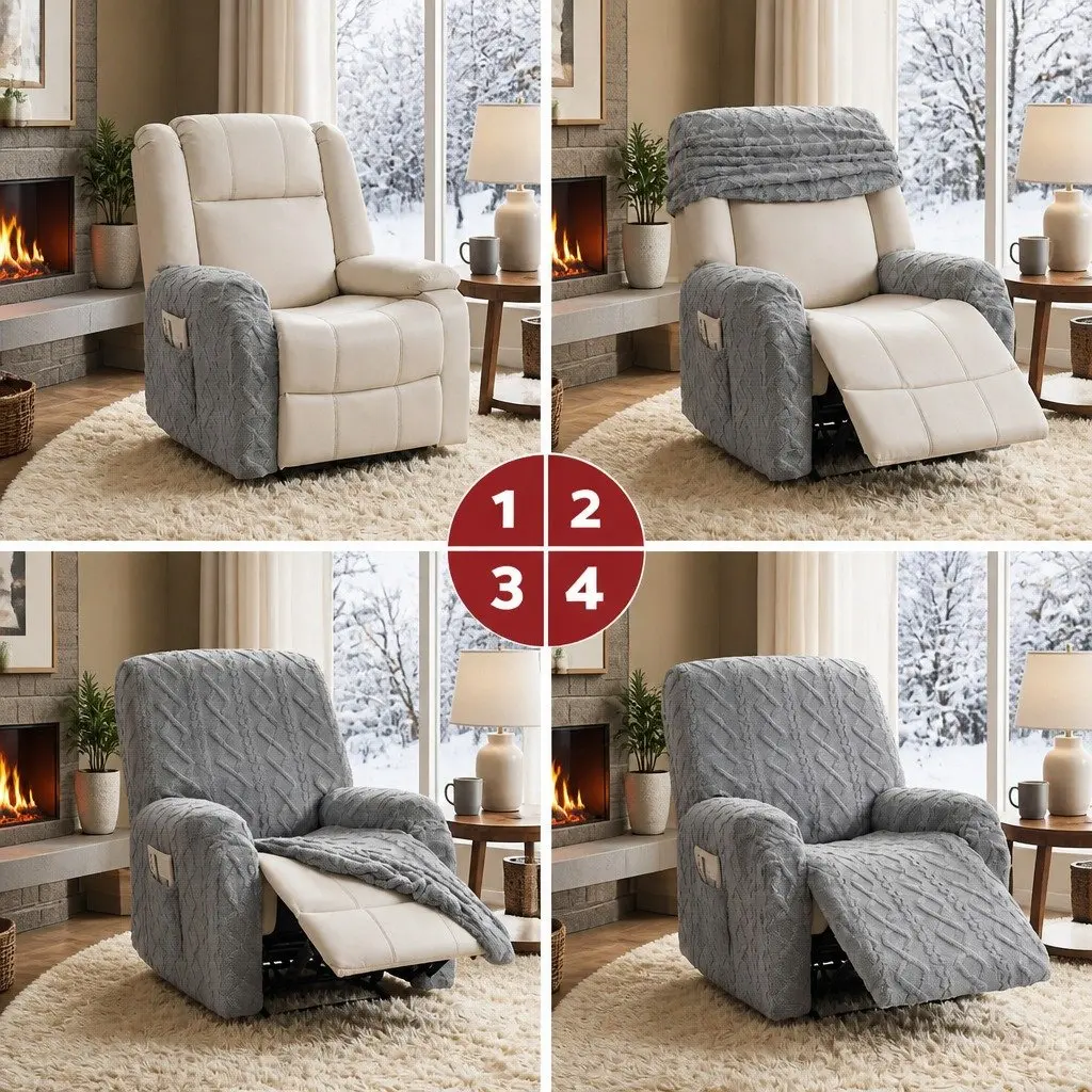 Recliner Chair Cover Stretch Fabric Grey with Storage Side Pockets