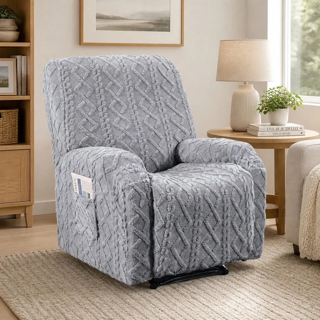 Recliner Chair Cover Stretch Fabric Grey with Storage Side Pockets