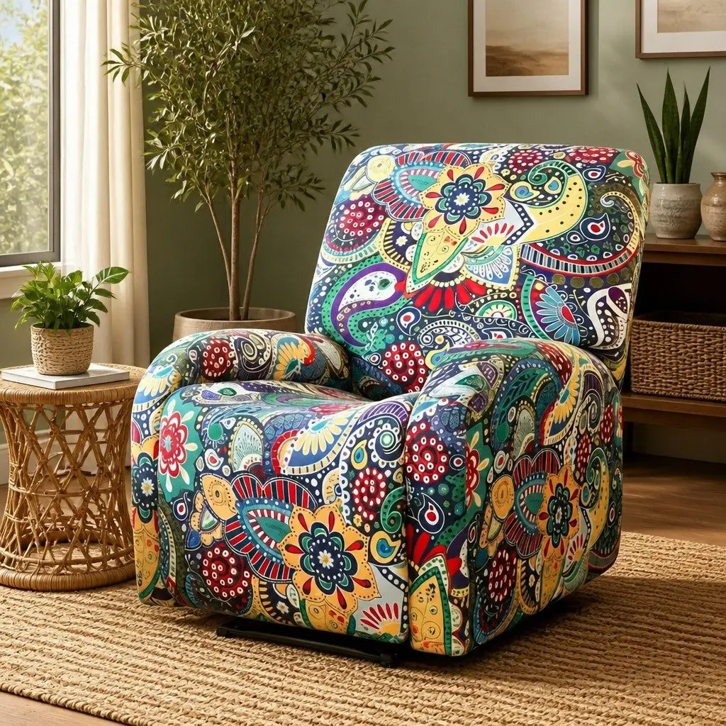 Recliner Chair Slipcover Stretch Polyester 4-Piece Blue Printed