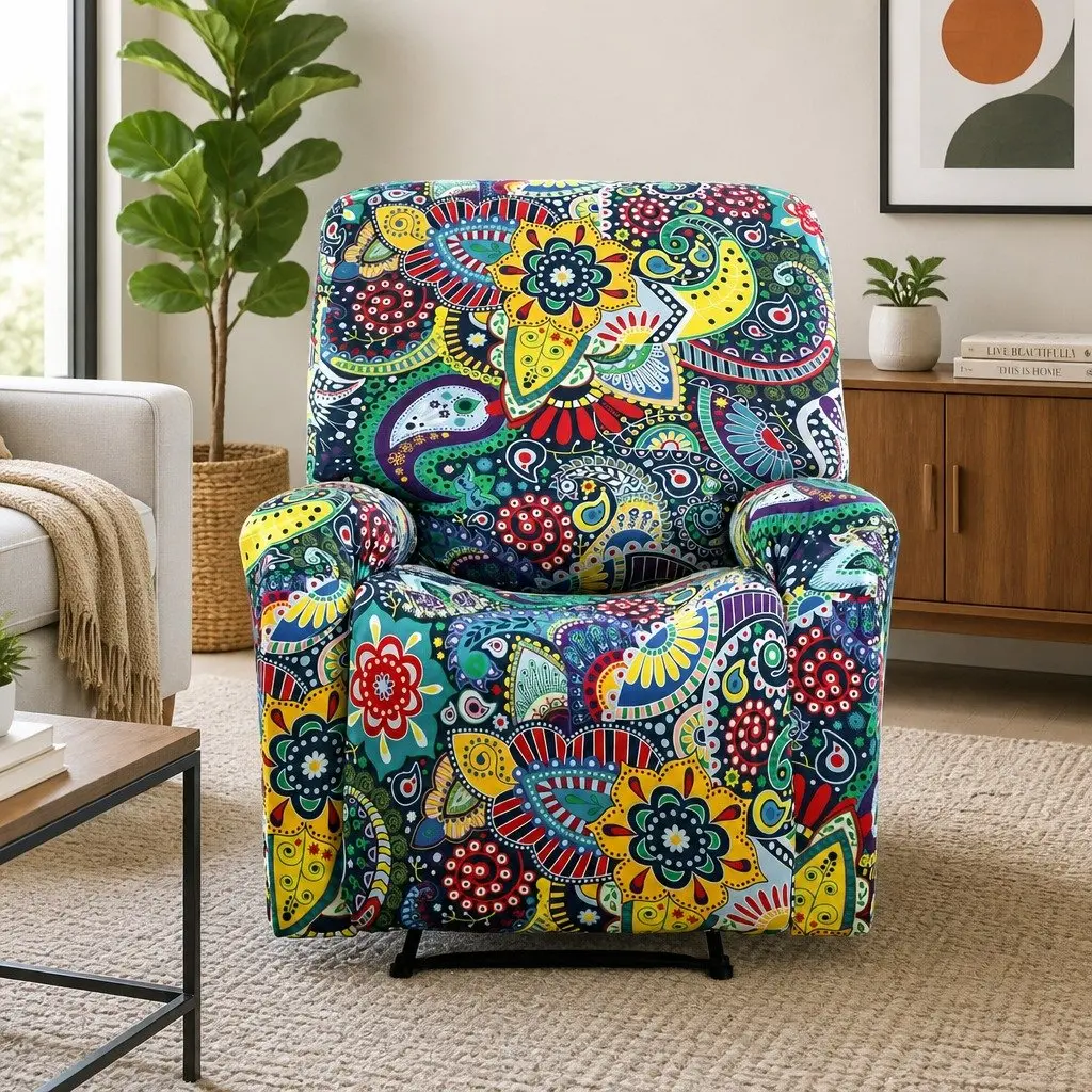 Recliner Chair Slipcover Stretch Polyester 4-Piece Blue Printed