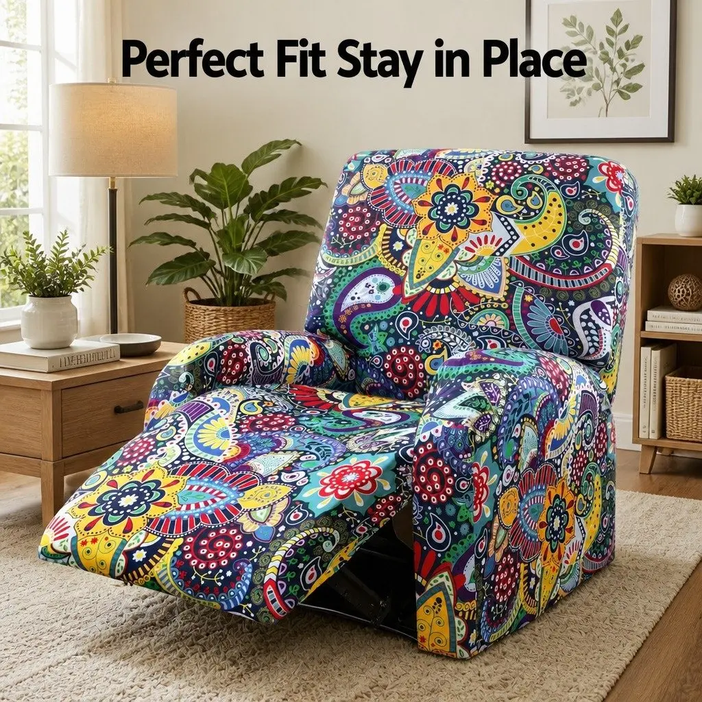 Recliner Chair Slipcover Stretch Polyester 4-Piece Blue Printed