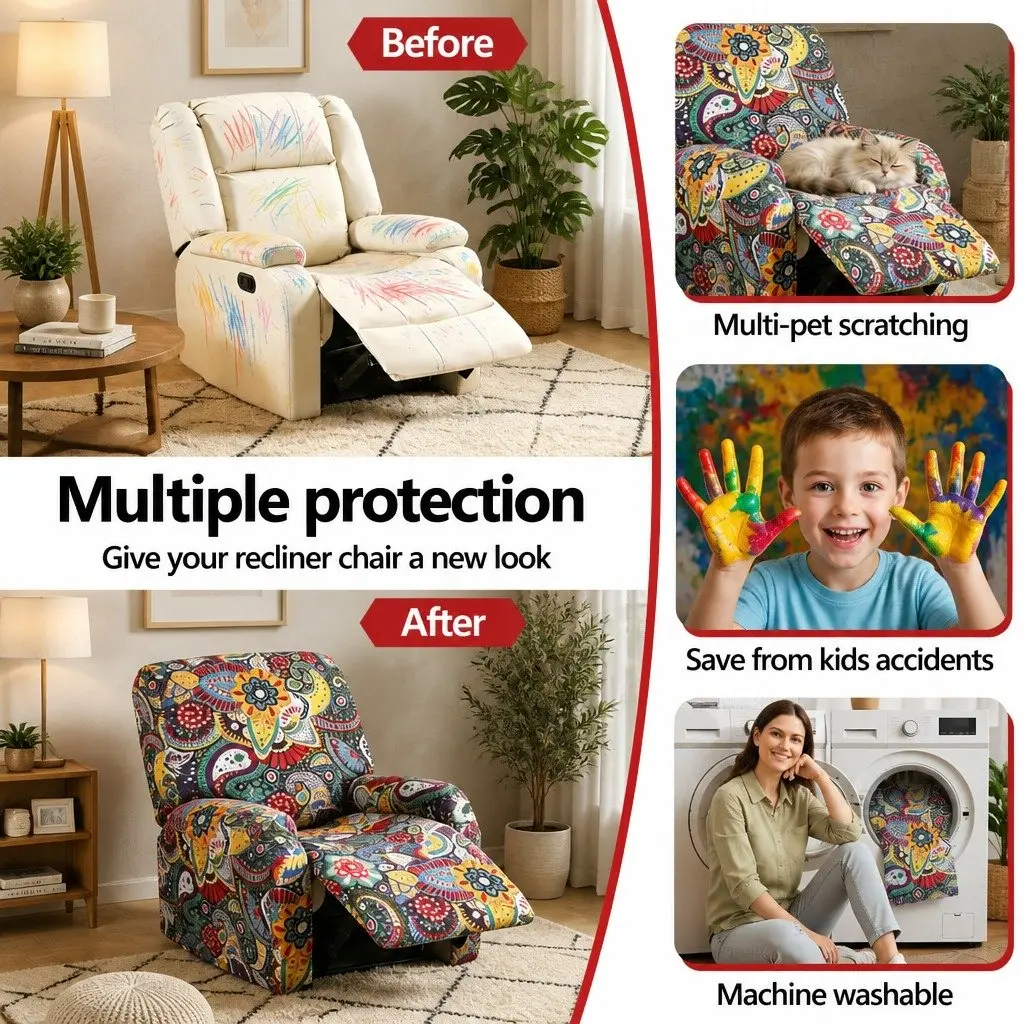 Recliner Chair Slipcover Stretch Polyester 4-Piece Blue Printed