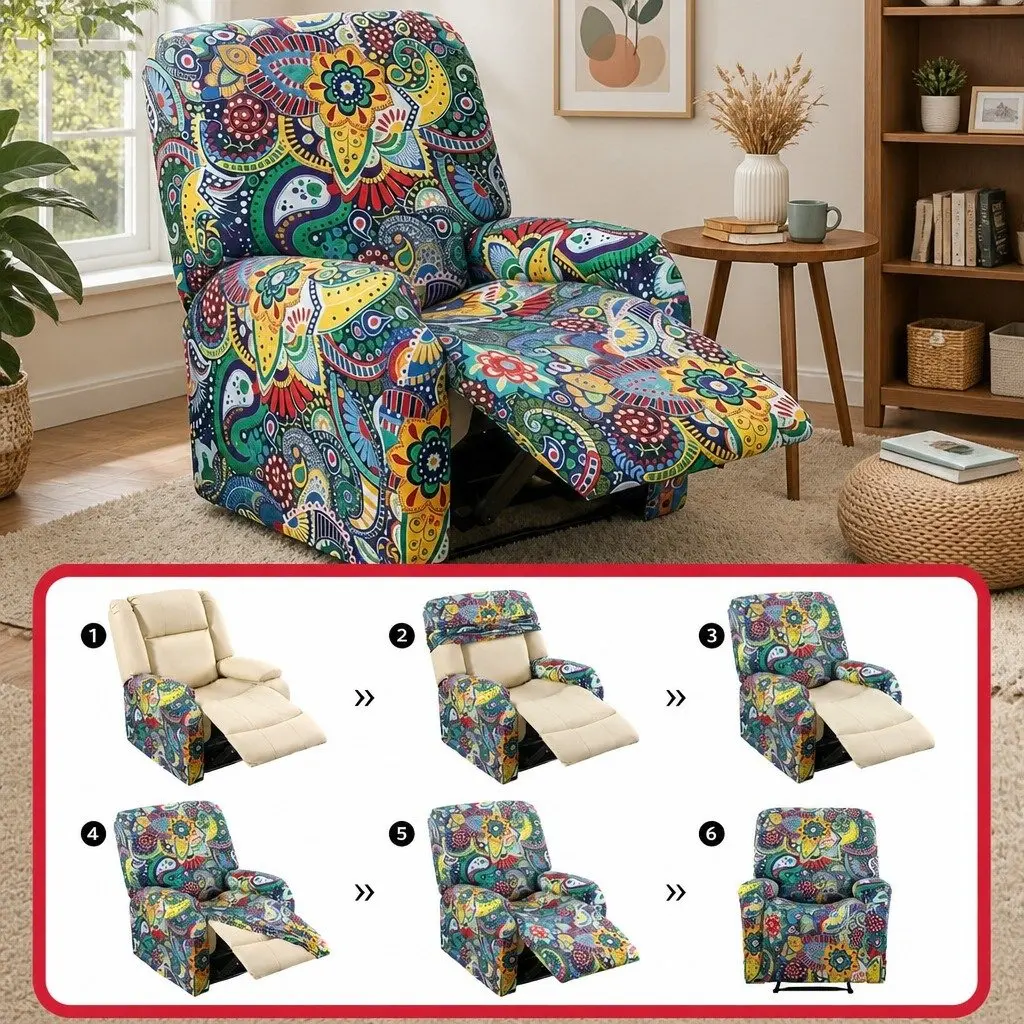 Recliner Chair Slipcover Stretch Polyester 4-Piece Blue Printed