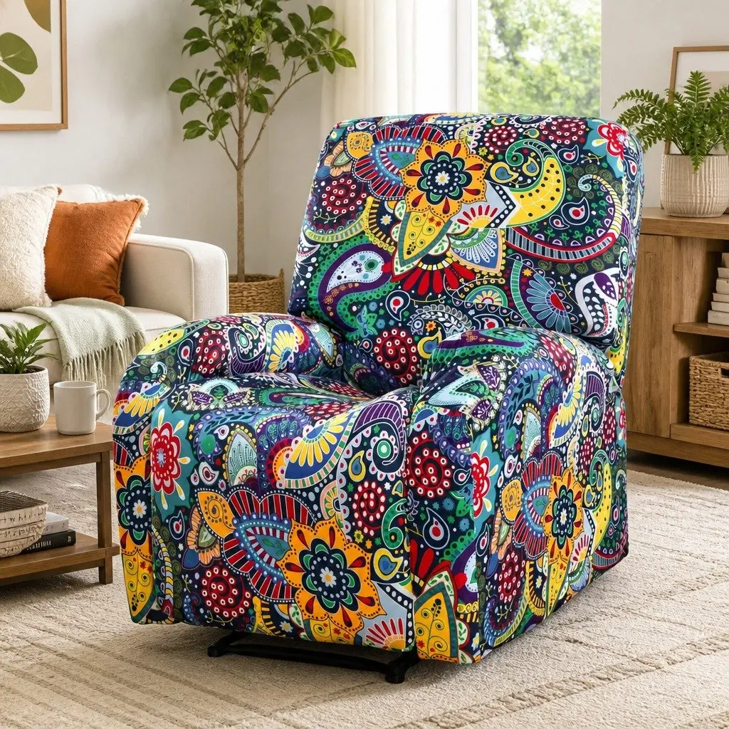 Recliner Chair Slipcover Stretch Polyester 4-Piece Blue Printed