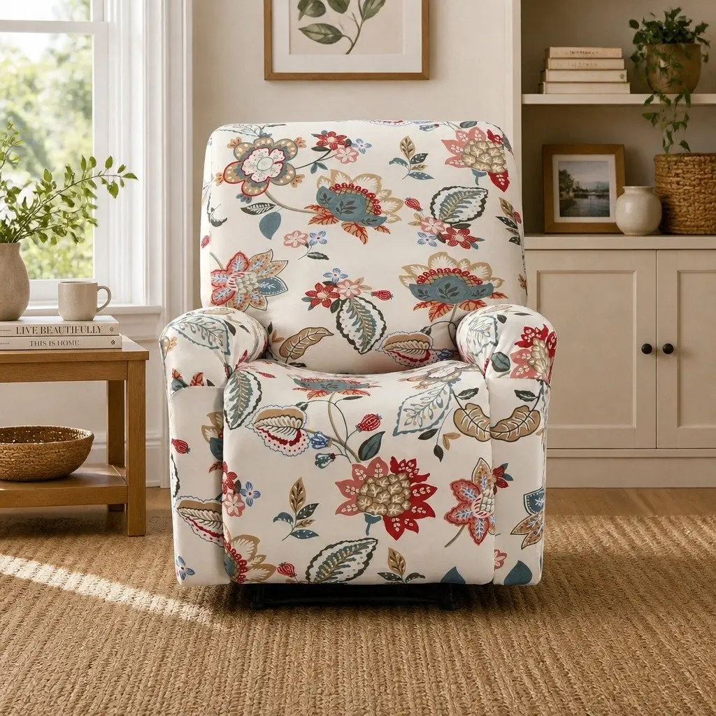 Recliner Chair Slipcover 4-Piece Set Polyester Stretch Pink Floral Printed