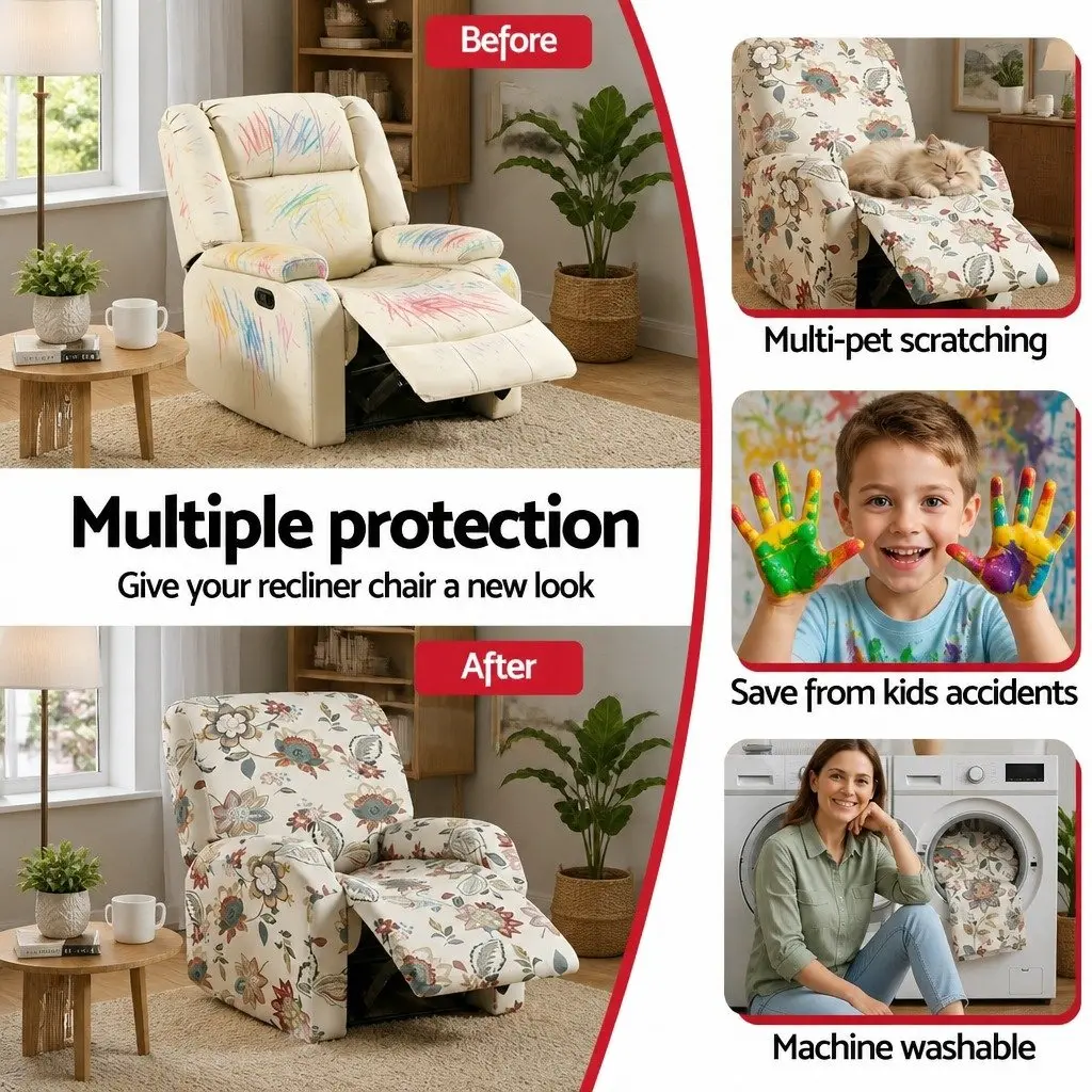 Recliner Chair Slipcover 4-Piece Set Polyester Stretch Pink Floral Printed